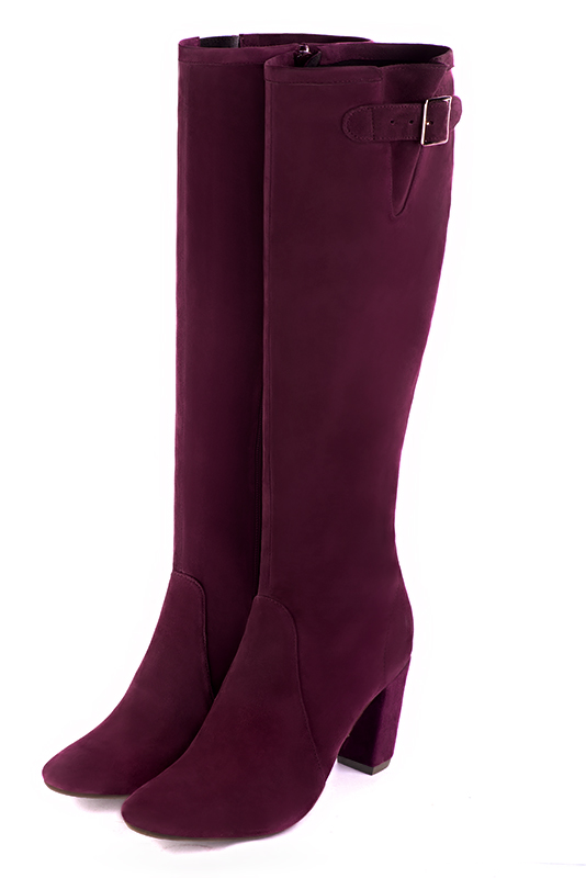 Wine red women's knee-high boots with buckles. Round toe. High block heels. Made to measure. Front view - Florence KOOIJMAN